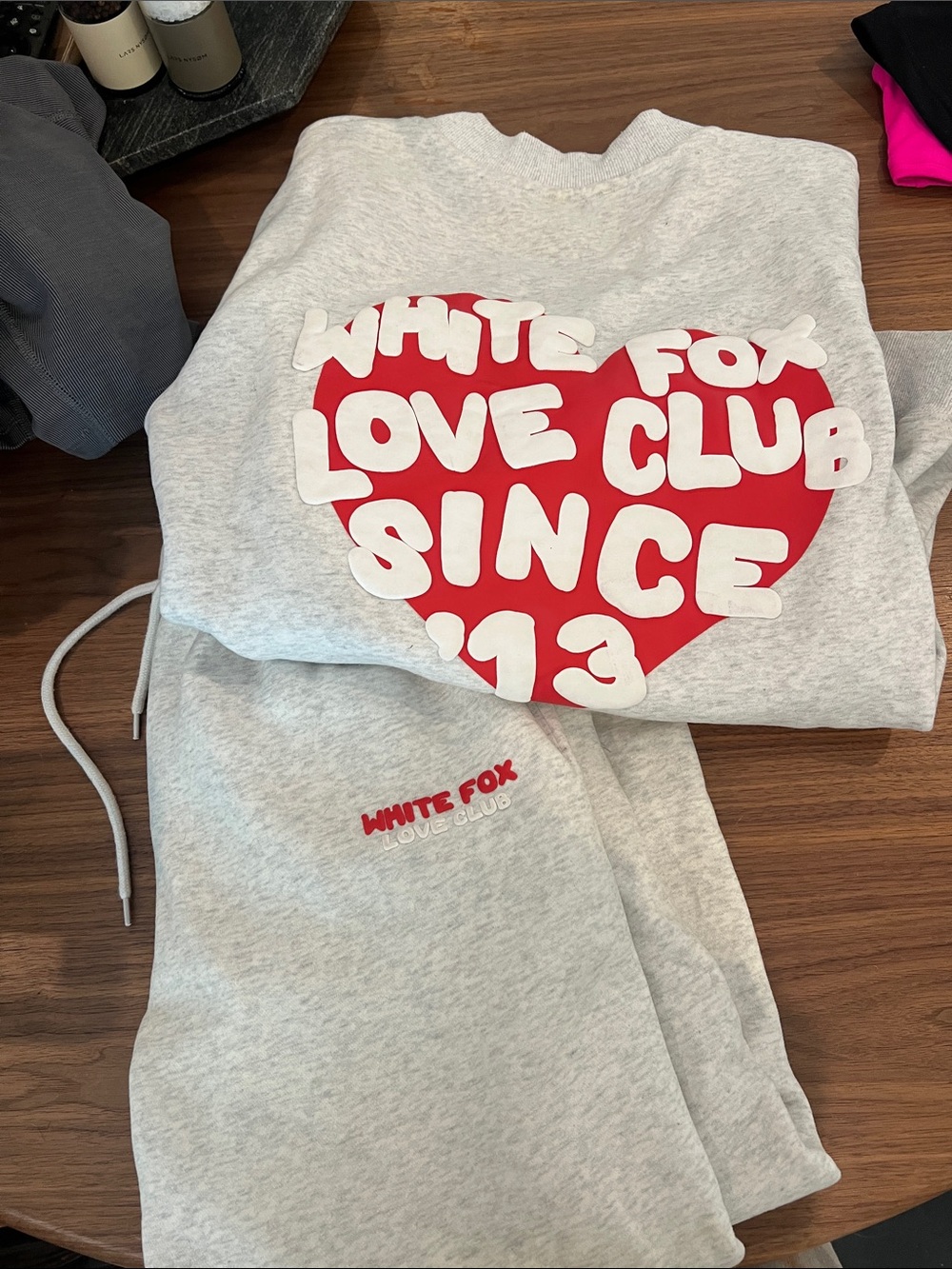 White Fox Boutique Grey Sweatpants & Hoodie Set with Red Heart Logo
